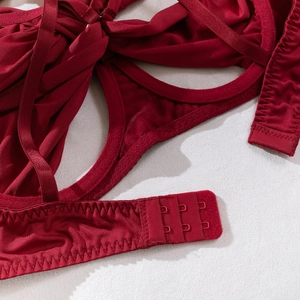 Detailansicht der weinroten Satin-Dessous mit Schnürung und Haken- und Ösenverschluss