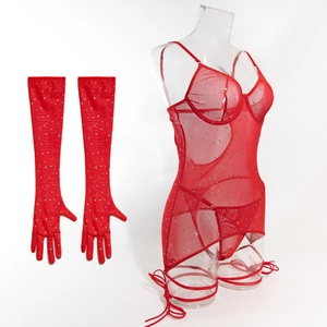 Detail view of red sequin mesh bodysuit lingerie set with matching long gloves on model