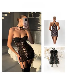 Détails de la robe léopard sexy avec empiècements en dentelle noire et porte-jarretelles