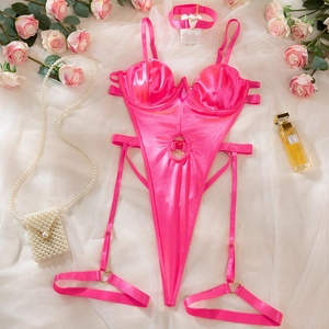 Detail of rose red satin bodysuit with heart metal buckles and matching choker