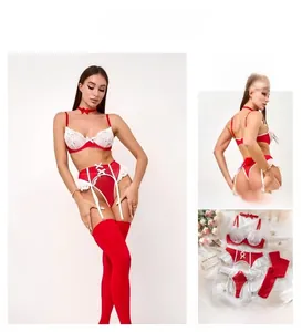 Five-piece red and white lace lingerie set featuring garter belt and matching stockings