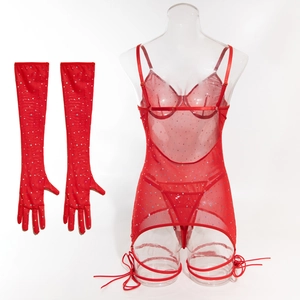 Macro shot of red mesh bodysuit with sparkly rhinestones and matching long gloves