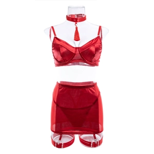 Detailed view of red three-piece satin lingerie set with lace-up skirt and tassel choker