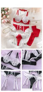 Detailed views of lace maid lingerie set including bra, garter belt and matching stockings