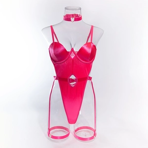 Detailed view of hot pink lace teddy bodysuit with heart metal ring and choker