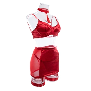 Detailed view of red satin lingerie set with lace panels and fringed collar accessory