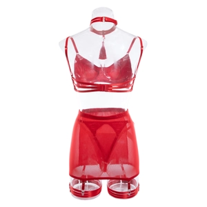 Rear view of red satin and sheer mesh lingerie set with fringe choker and garter skirt