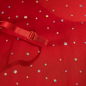 Detail of red mesh fabric with sparkling rhinestones and adjustable gold metal buckle strap