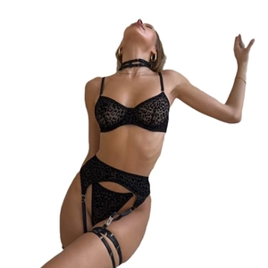 Sexy leopard print mesh lingerie set with garter belt and black PU collar accessories