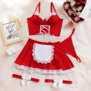 Ensemble lingerie de Noël rouge style servante avec tablier en dentelle et jarretières