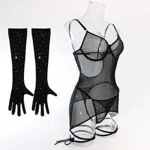 Detail of sheer black mesh bodysuit with rhinestones and matching long gloves