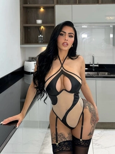 Sexy PU leather and mesh patchwork bodysuit with halter neck and garter straps