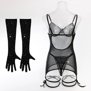 Detailed sheer black mesh lingerie set with sparkling sequins and long matching gloves