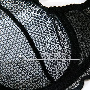 Vue macro détaillée du tissu en maille noire respirante et de la bordure en dentelle