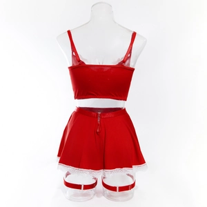 Vue arrière lingerie de Noël rouge avec dentelle et anneaux de jambe sur mannequin