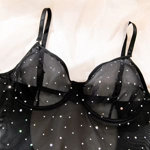 Close-up of black mesh lingerie top with sparkling rhinestones and underwire support