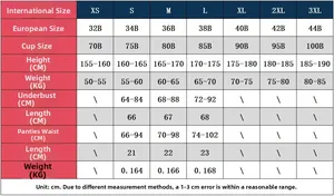 Detailed size chart for sexy mesh lingerie set showing measurements in cm and kg