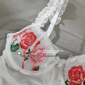 Close-up of white mesh lingerie featuring rose floral embroidery and ruffled straps