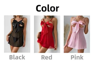 Sexy mesh lingerie set featuring large bow detail in black, red, and pink color options