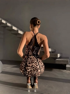Robe sexy imprimé léopard avec dentelle et dos nu pour femmes, coupe moulante