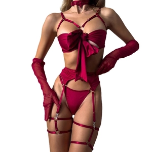 Sexy dunkelrotes vierteiliges Dessous-Set mit großer Schleife, Bügel-Top und Handschuhen