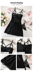 Detail view of black mesh lingerie set with satin bow and adjustable shoulder straps