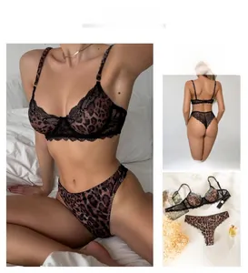 Dettagli del set lingerie leopardato con bordo in pizzo nero e coppe con ferretto