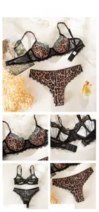 Dettagli del set di lingerie con stampa leopardata, pizzo, reggiseno con ferretto e slip