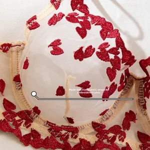 Detail of sheer mesh fabric with intricate red heart embroidery and fine textures