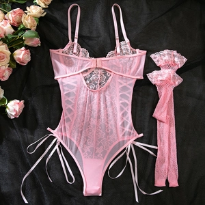 Detailed view of pink floral lace bodysuit with mesh sleeves and ribbon ties decoration
