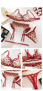 Detailed views of red heart embroidery on white mesh bodysuit with garter belt set