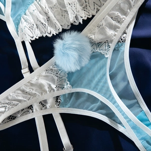 Gros plan détaillé d'une culotte en dentelle blanche avec mesh bleu clair et pompon doux