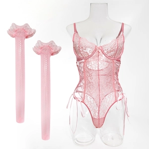 Detailed view of pink floral lace bodysuit with side lace-up ties and mesh sleeves