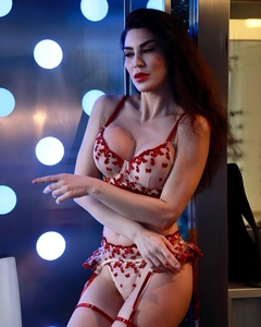 Detail view of white lace lingerie set with red heart embroidery and ruffled garter belt