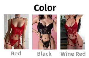 Detailed lace lingerie set featuring bustier with garter belt in red, black, and wine red