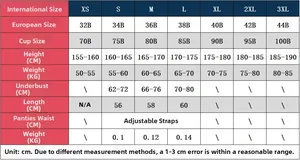 Tableau des tailles détaillé pour body en dentelle et cuir de la taille XS à 3XL