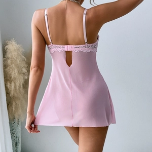 Detailed back view of pink mesh lingerie with delicate lace trim and adjustable straps