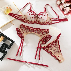 Detail of white mesh lingerie set featuring red heart embroidery and lace garter belts