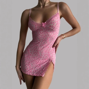 Detail of pink leopard print lace lingerie featuring side slit and mesh fabric texture