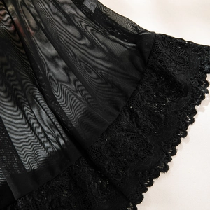 Detail of sheer black mesh and intricate floral lace trim on women's lingerie sleepwear