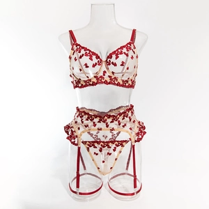 Detailed close-up of heart embroidery on three-piece beige mesh bodysuit with underwire