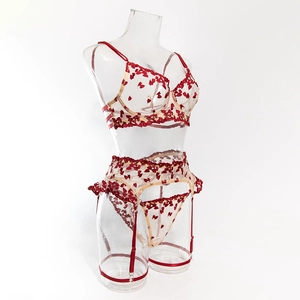 Close-up of red heart embroidery on sheer mesh lingerie set with garter belt