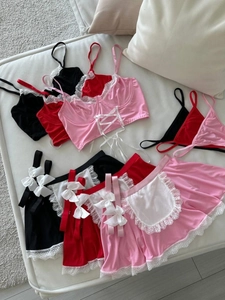 Damen Zimmermädchen Reizwäsche Sets in Schwarz, Rot und Rosa mit Spitze und Schleifen
