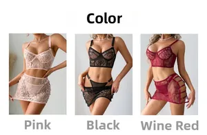 Detailed comparison of pink, black, and wine red lace lingerie sets with underwire