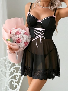 Women Sexy Lace Mesh Babydoll Nightgown See-Through Pink Bow Corset Style Lingerie Top And Bottom For Nightwear