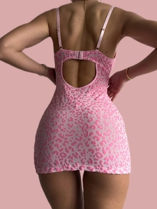 Sexy pink leopard print backless mini dress with spaghetti straps and buckle detail