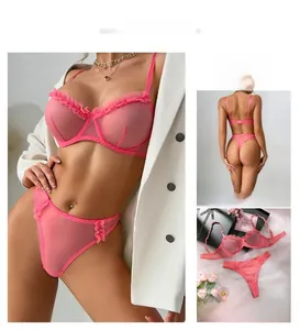 Detailed back view and flat lay of pink mesh lingerie set with pleated lace trim