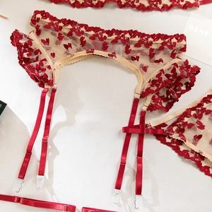 Detailed close-up of red heart embroidery on sheer mesh garter belt with adjustable straps