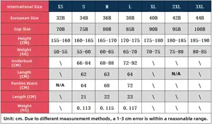 Detailed size chart for lace lingerie set including international and EU measurements