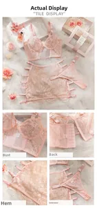 Detailed close-up showing pink lace bra cup, back buckle, hemline and matching underwear